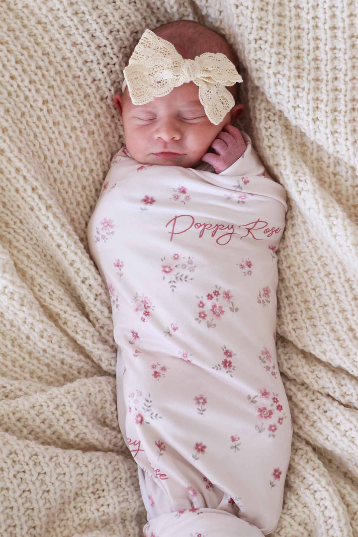 mauve floral personalized swaddle blanket for newborn girl