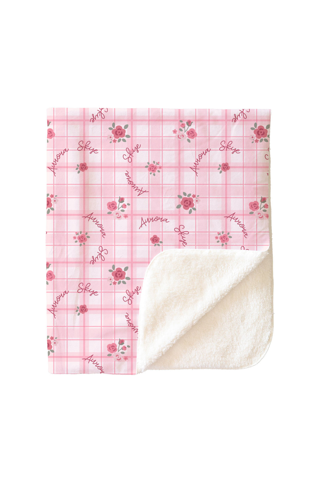 Corner of personalized Primrose Plaid blanket folded to show sherpa backing