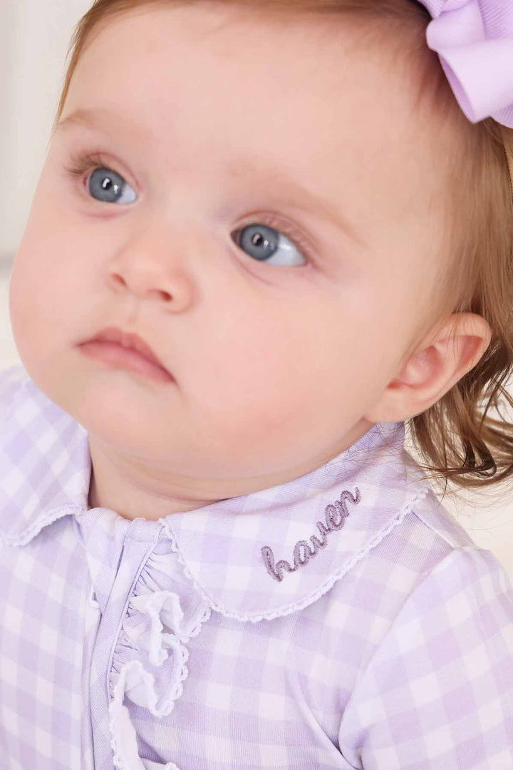 girls purple name embroidered peter pan collar gingham print pajamas