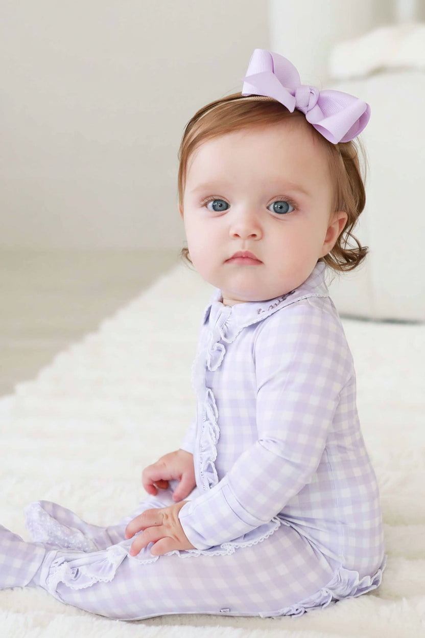 pastel purple gingham print footie pajamas with peter pan collar and lace trim for girls