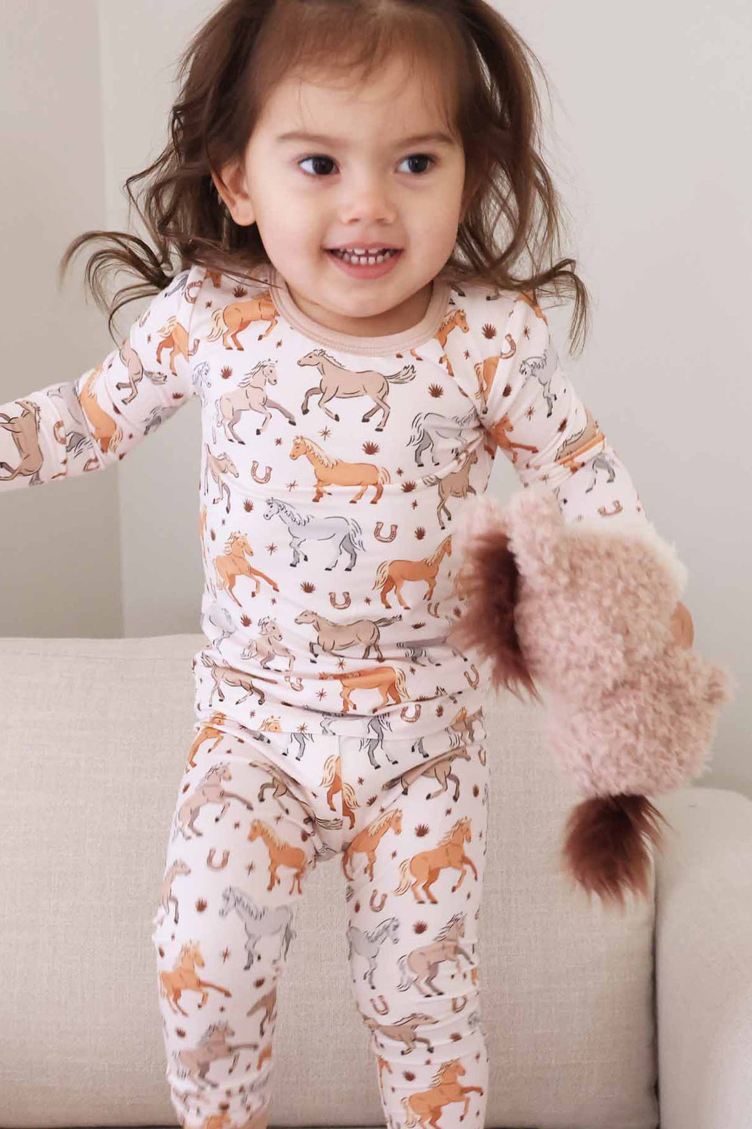 girl's pajamas with ponies and horses print for toddlers - caden lane