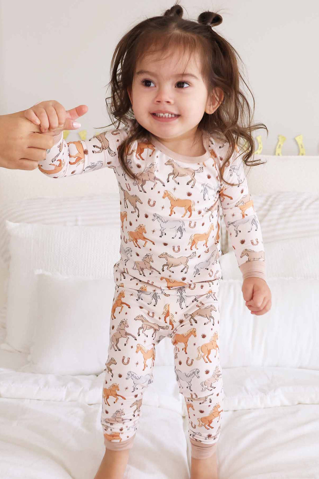 girl's two piece pajama set with ponies and horses print - caden lane