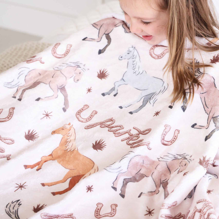 toddler girl personalized blanket with ponies and horses print - caden lane