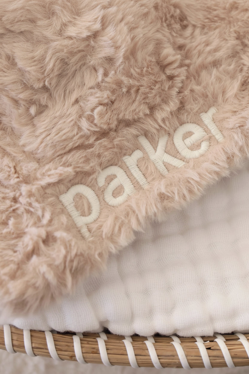 embroidered fluffy puppy lovey for babies with white block font 