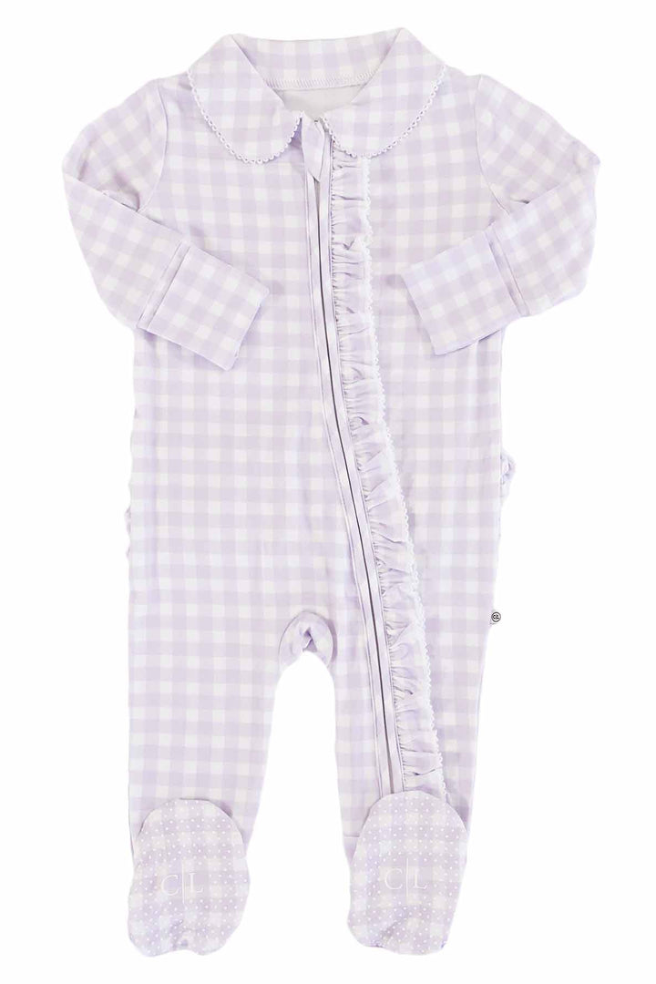pastel purple gingham print footie pajamas with peter pan collar for babies