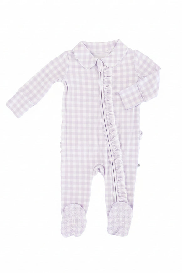 pastel purple gingham print footie pajamas with peter pan collar and ruffle detail for newborns