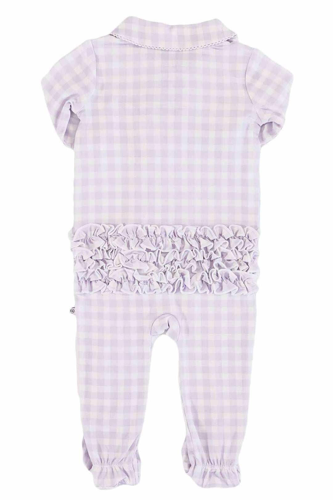 purple gingham print footie pajamas with ruffle butt for babies