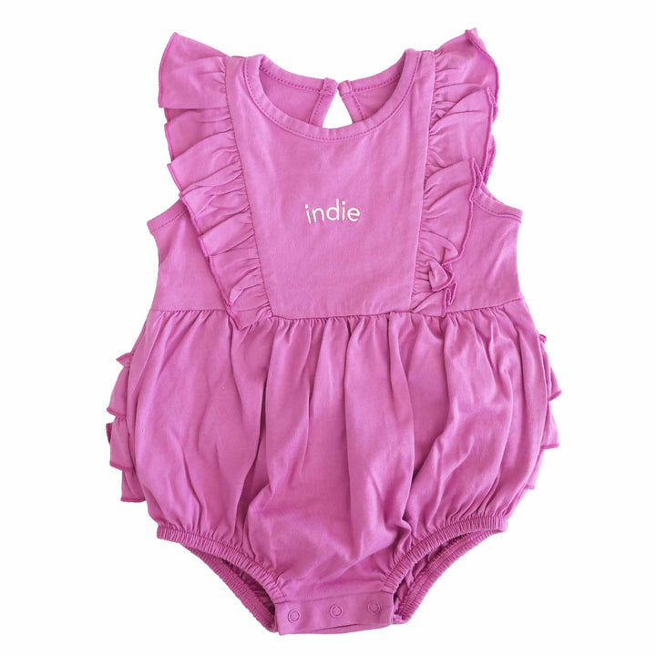 purple personalized ruffle bubble romper for babies 