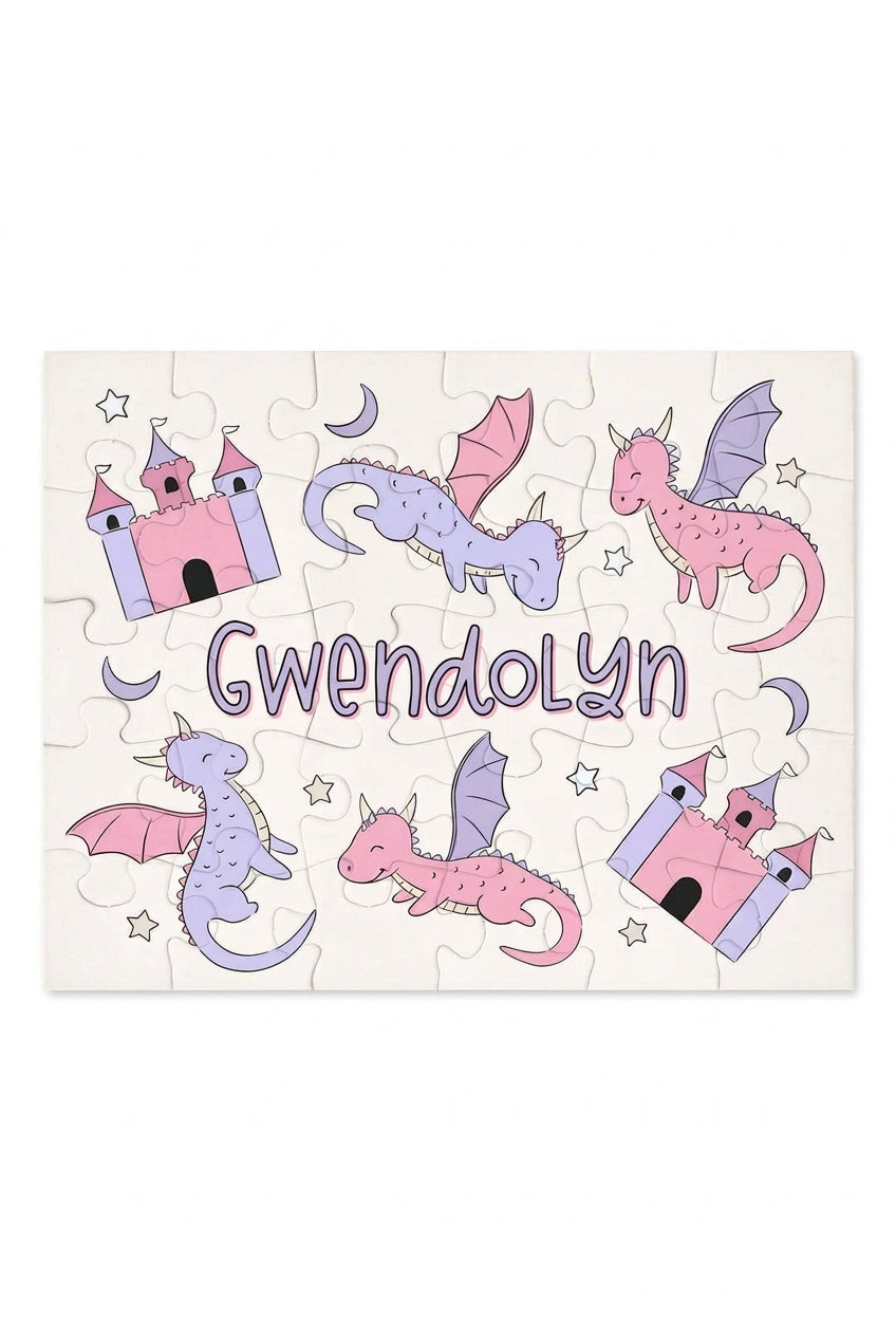 pink and purple dragon and castle personalized puzzle for kids 