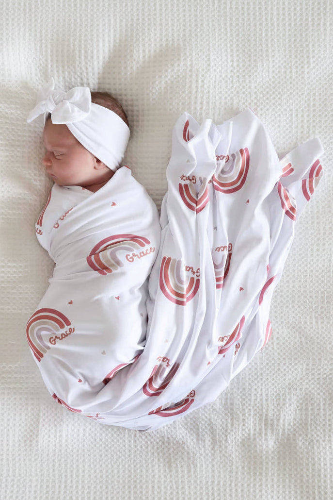 girl rainbow personalized swaddle blanket for babies 