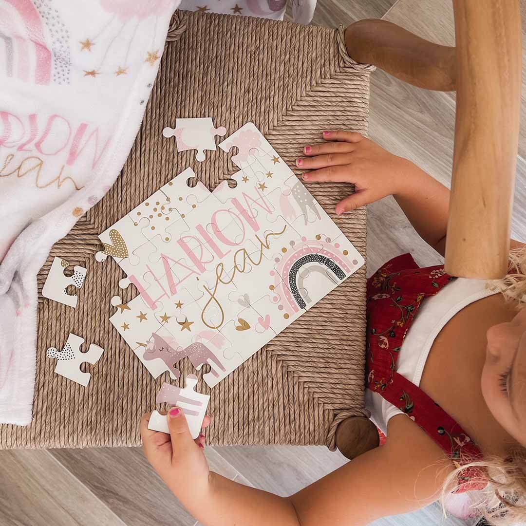Kids Personalized 30 Piece Puzzle | Unicorn & Rainbow Party