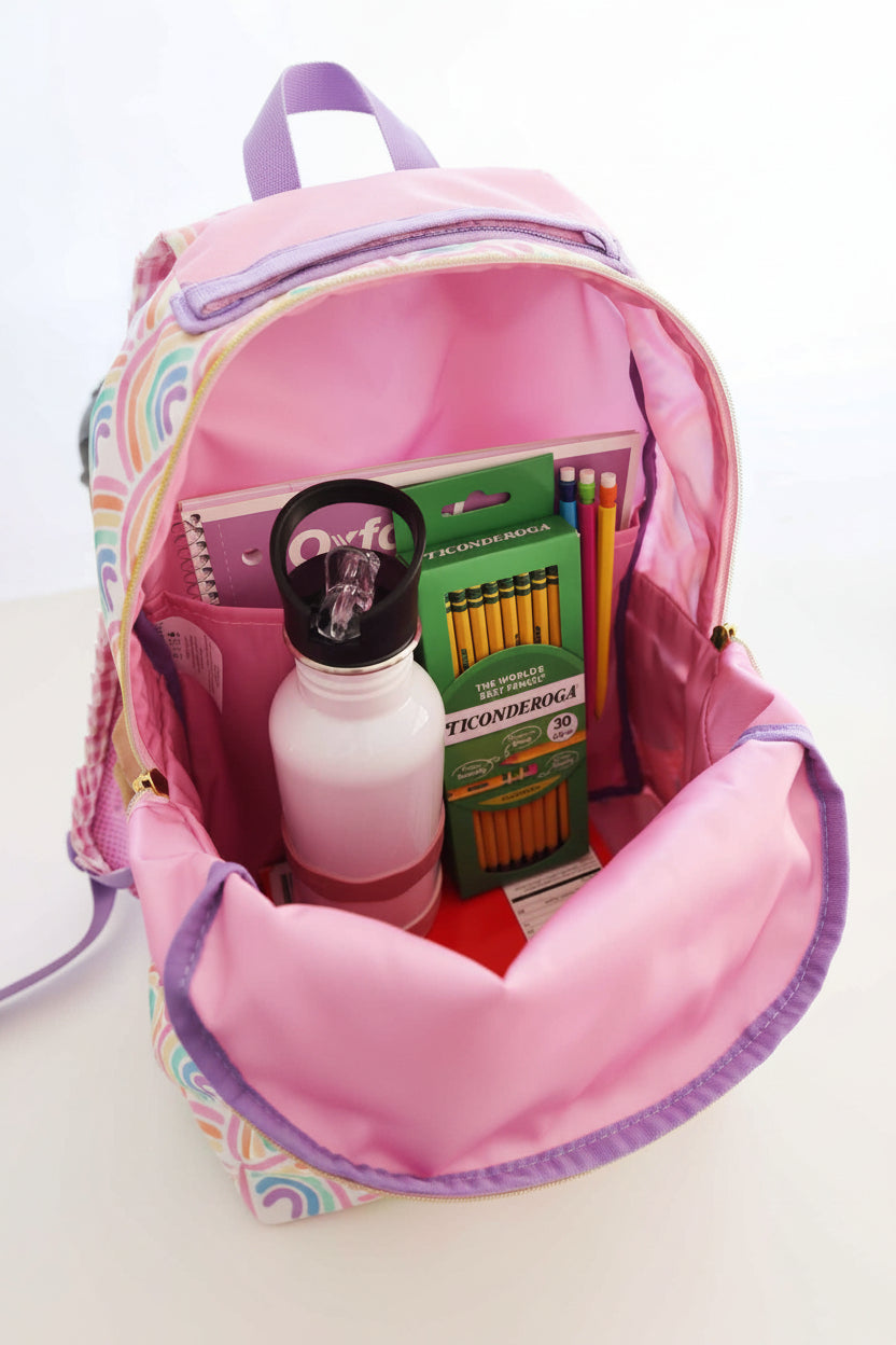 back to school backpack for girls with pastel rainbows