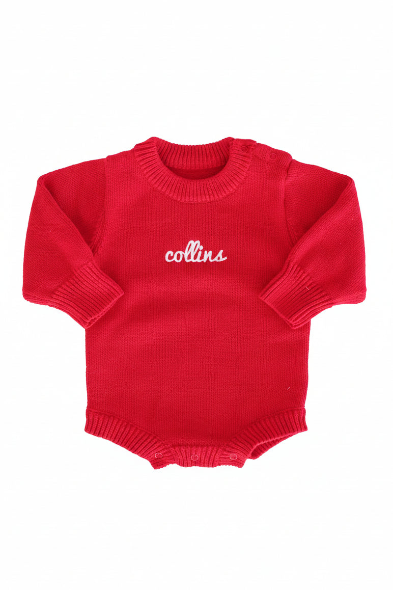 red personalized knit sweater bubble romper for babies with script font christmas sweater outfit