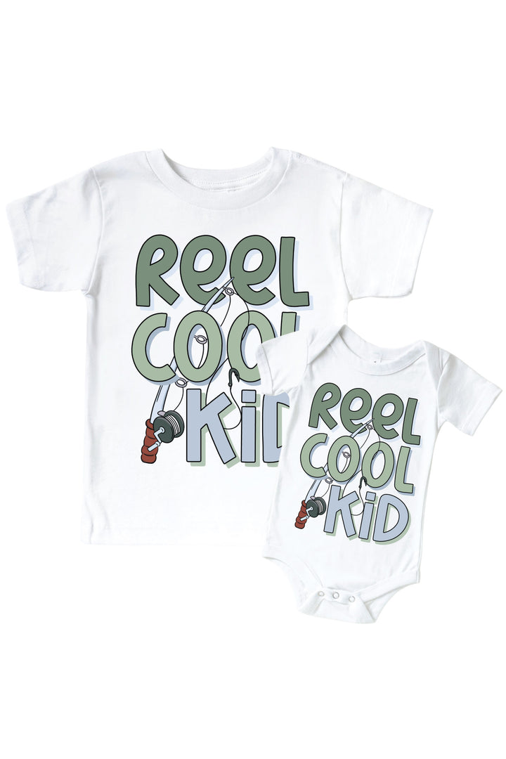 Reel Cool Kid kids graphic tee and bodysuit set with fishing rod graphic flat lay on white background