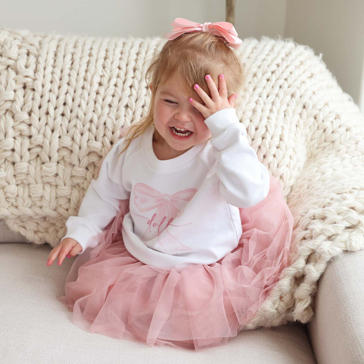 white sweatshirt with pink bow for kids personalized with name 