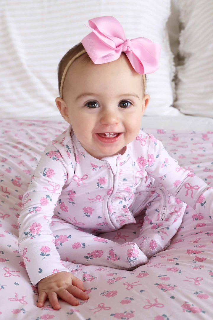 ribbon and roses pink ruffle zipper footie for girls 