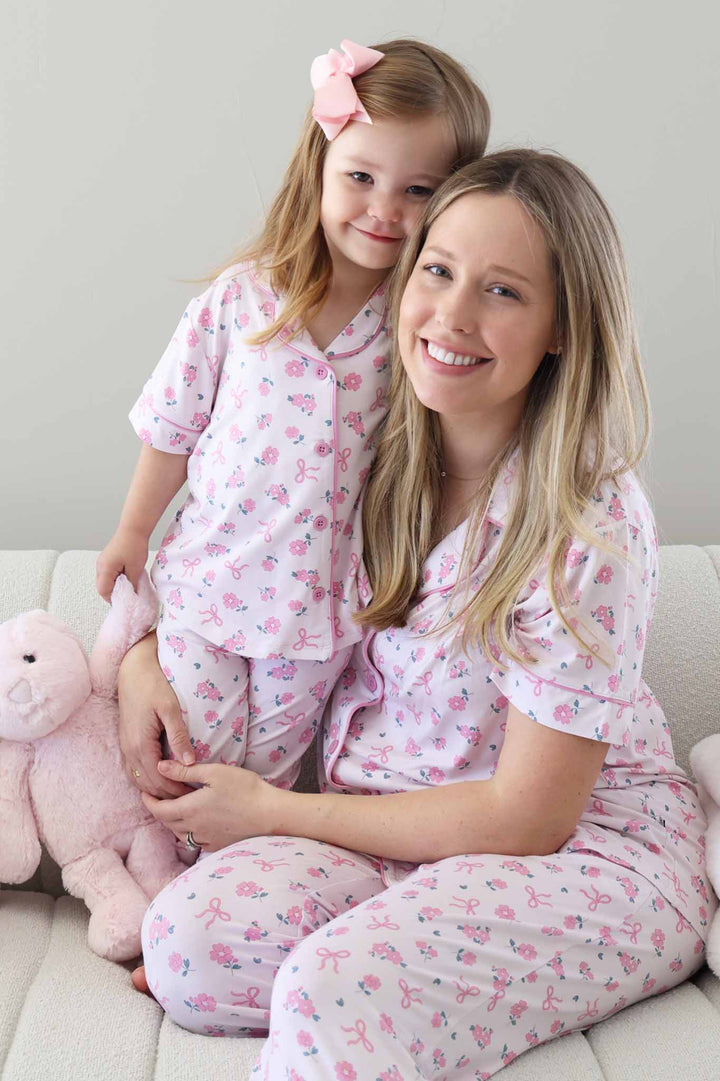 mom and daughter matching flare collared lounge set for girls in pink ribbon and roses print 