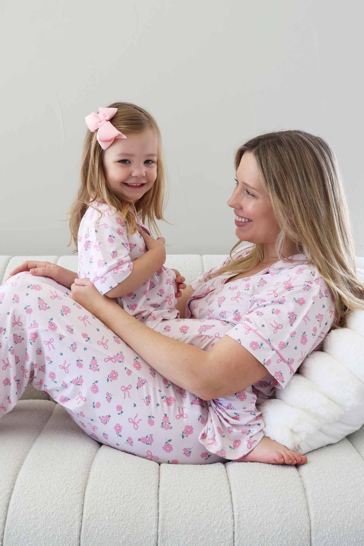 mom and daughter pink matching flare pant lounge set in pink flower and ribbon print 