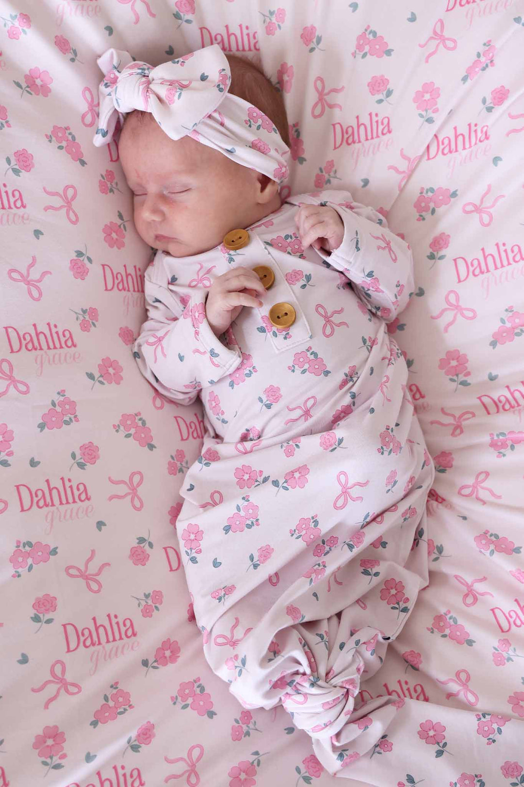 ribbon & roses pink newborn knot gown  for girls with matching headwrap and personalized swaddle blanket 
