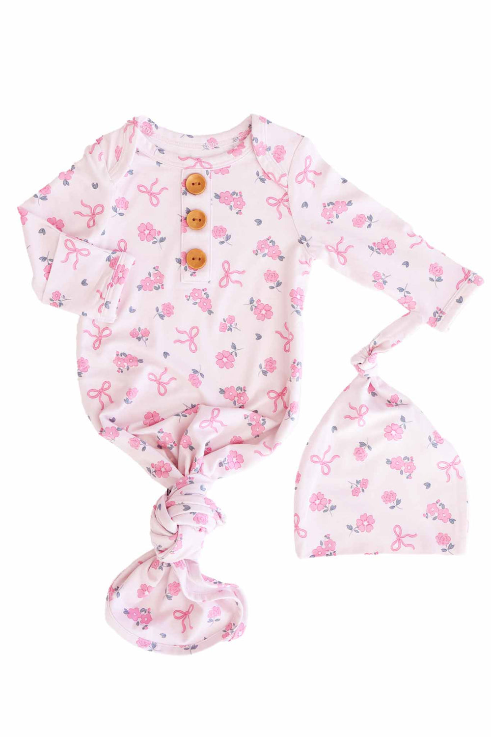 ribbon and roses pink newborn baby knot gown and hat set for girls 