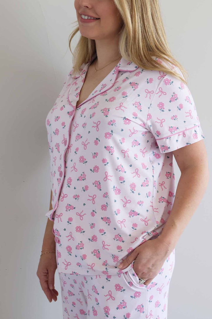 side view of women's ribbon and roses short sleeve collared lounge set mommy and me matching 