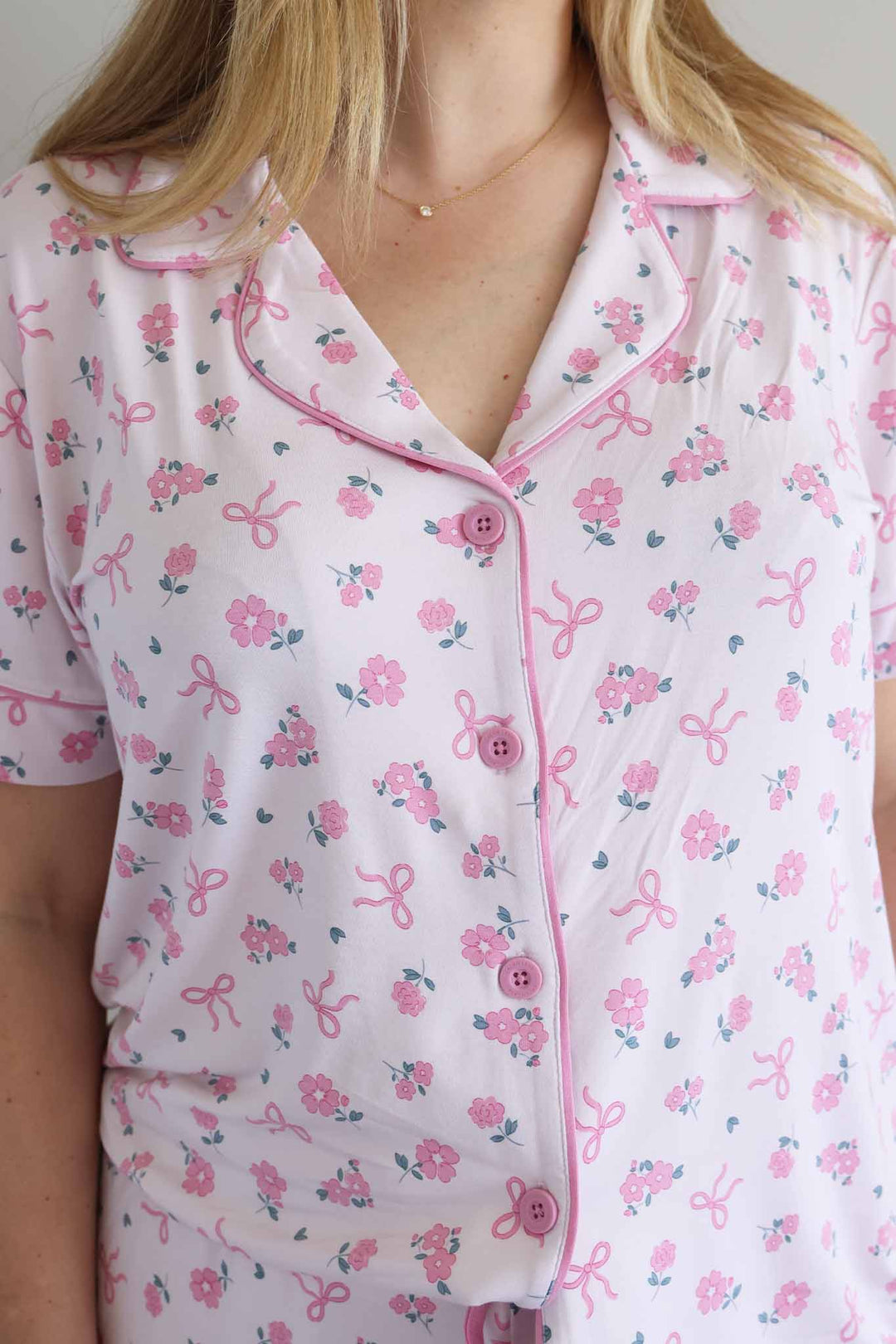 closeup of ribbon and roses short sleeve collared lounge set for women