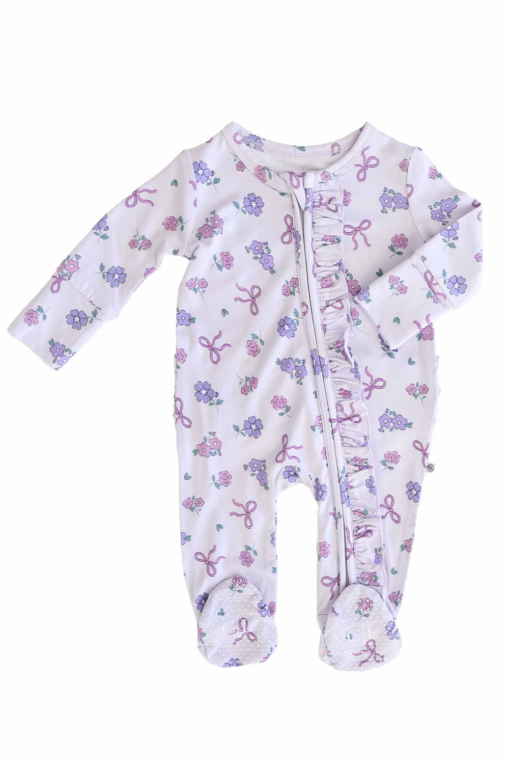 ruffle zipper footie ribbon and roses purple 