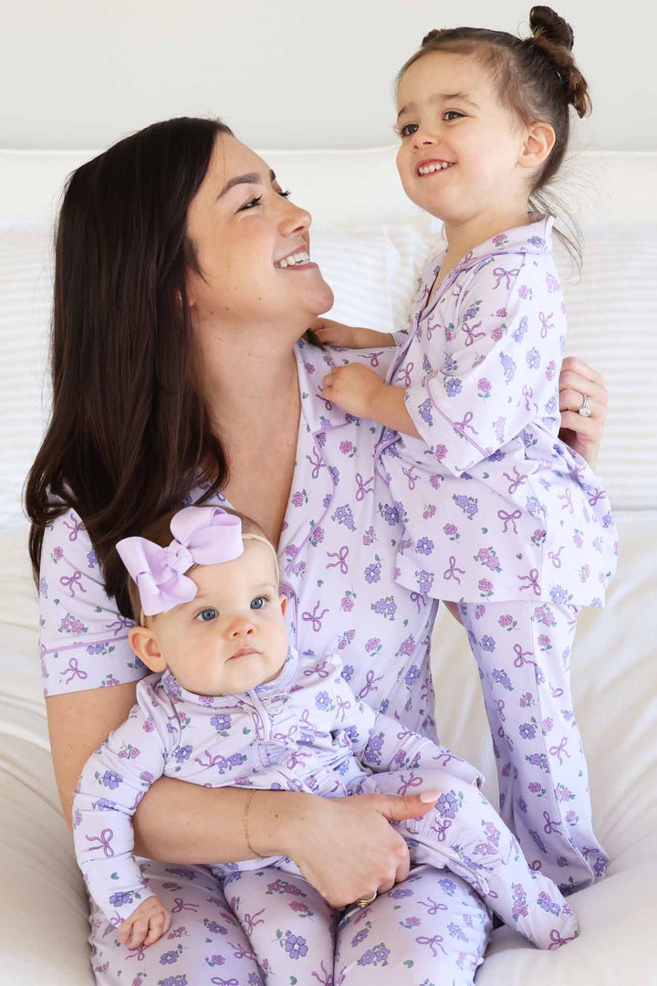 mommy and me matching lounge sets and baby pajamas in purple ribbon and roses 