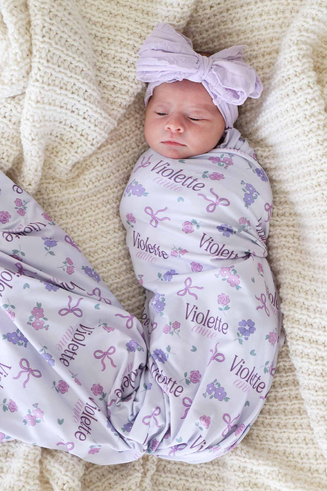 purple ribbon & roses personalized swaddle blanket for newborn girls 