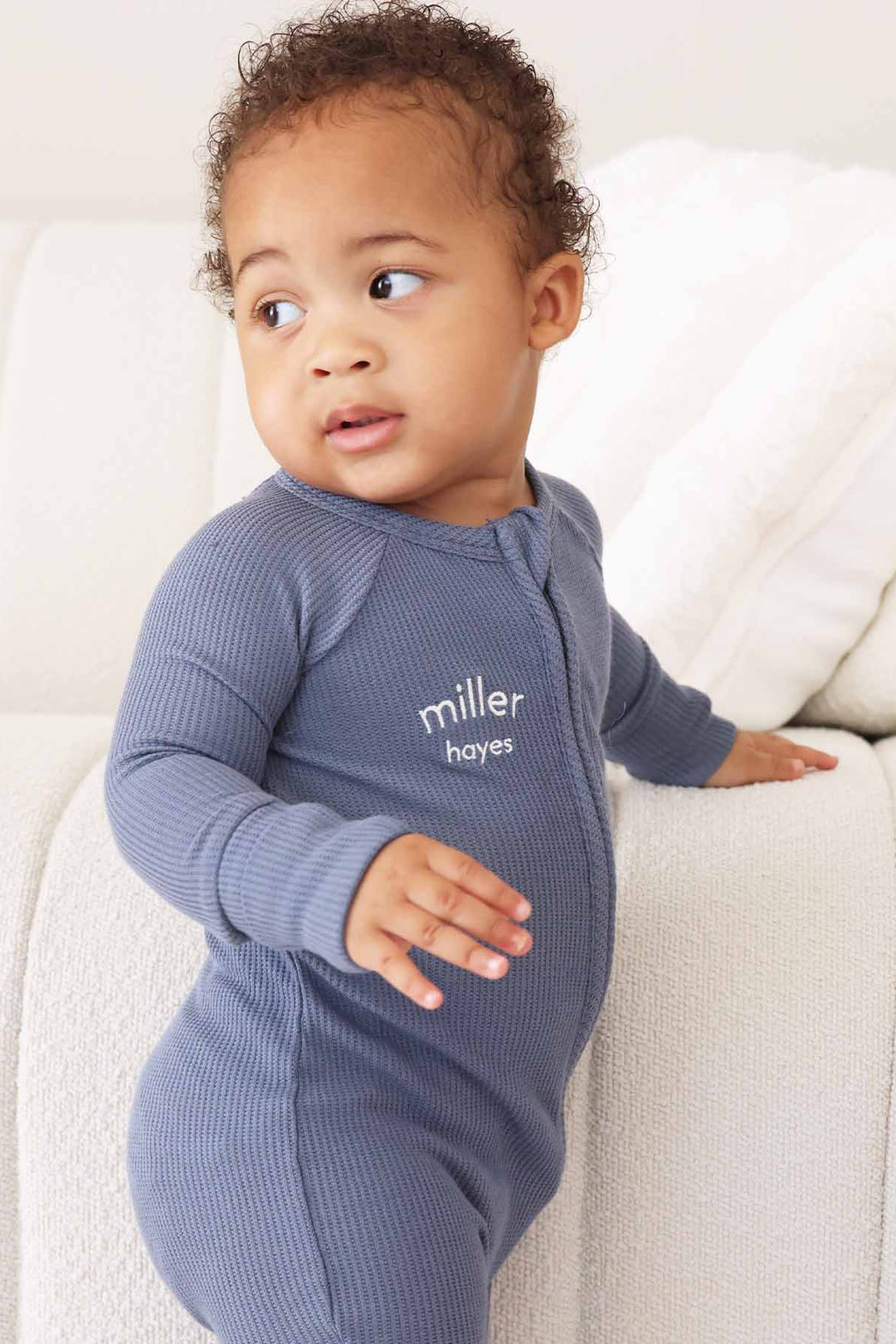 lake blue convertible zip romper pajama for babies embroidered