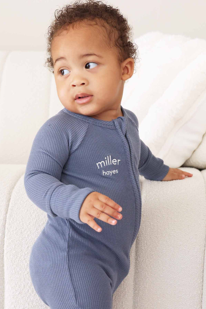 lake blue convertible zip romper pajama for babies embroidered