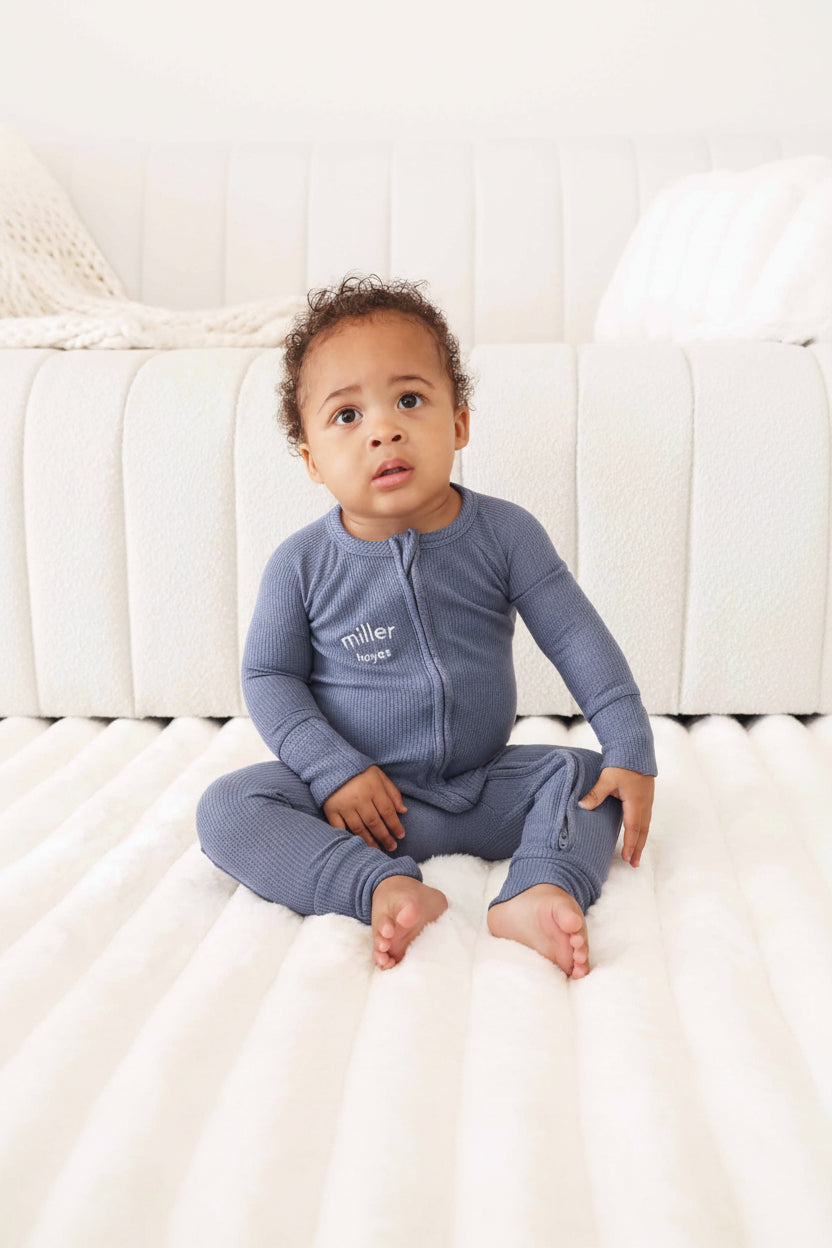lake blue bamboo waffle convertible zip romper pajama for baby and toddler boys 