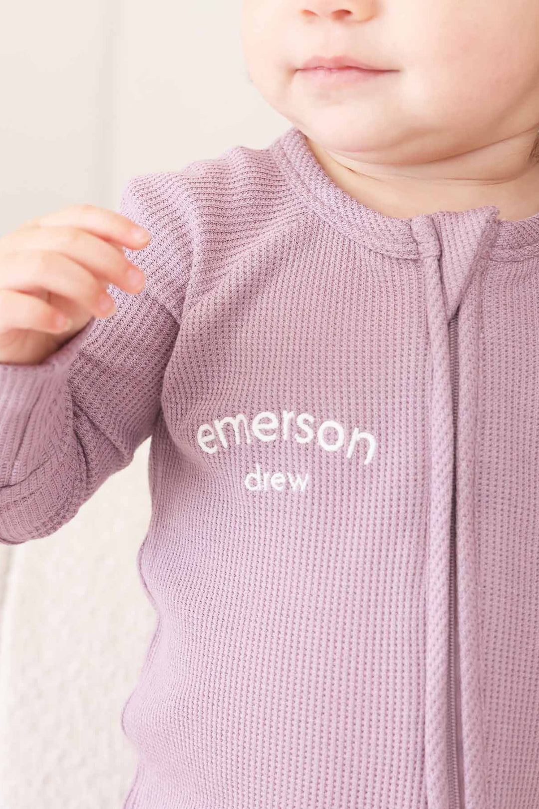 embroidered amethyst bamboo waffle convertible zip romper for girls 