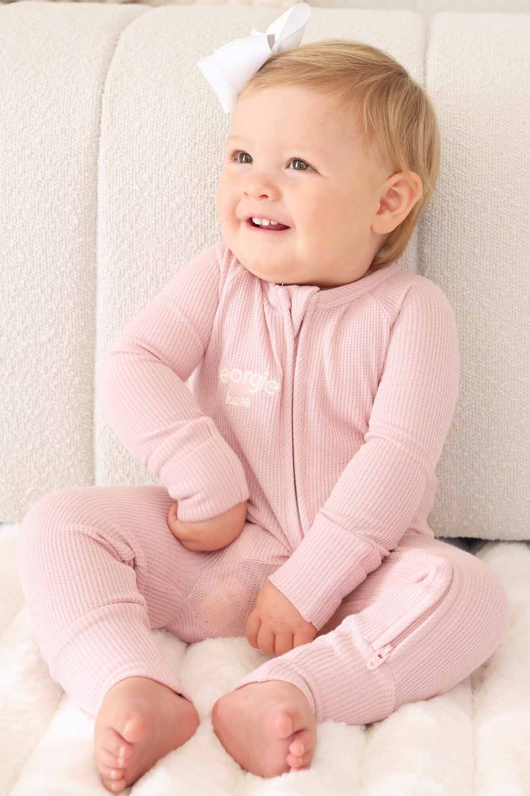 light pink zip romper pajama embroidered with name lotus caden lane 