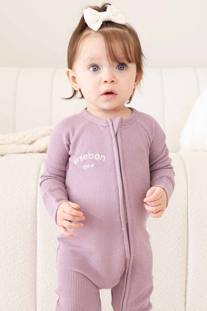 bamboo waffle convertible zip romper for girls dusty purple 