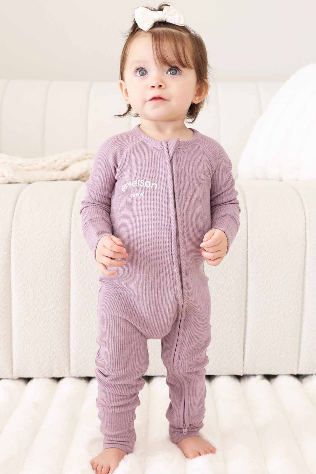 zip romper embroidered with name purple 
