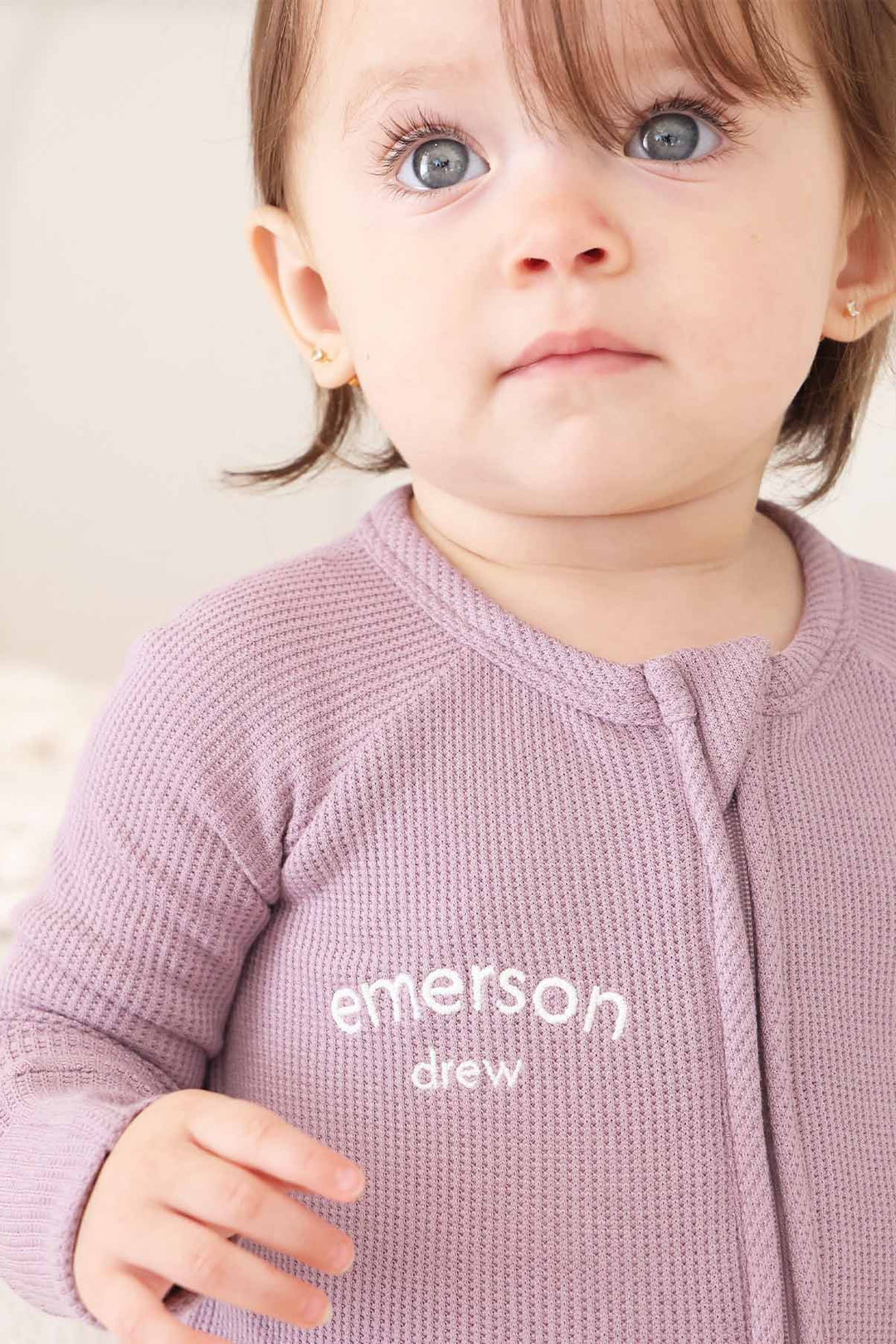 bamboo waffle embroidered romper pajama for babies and toddlers purple 