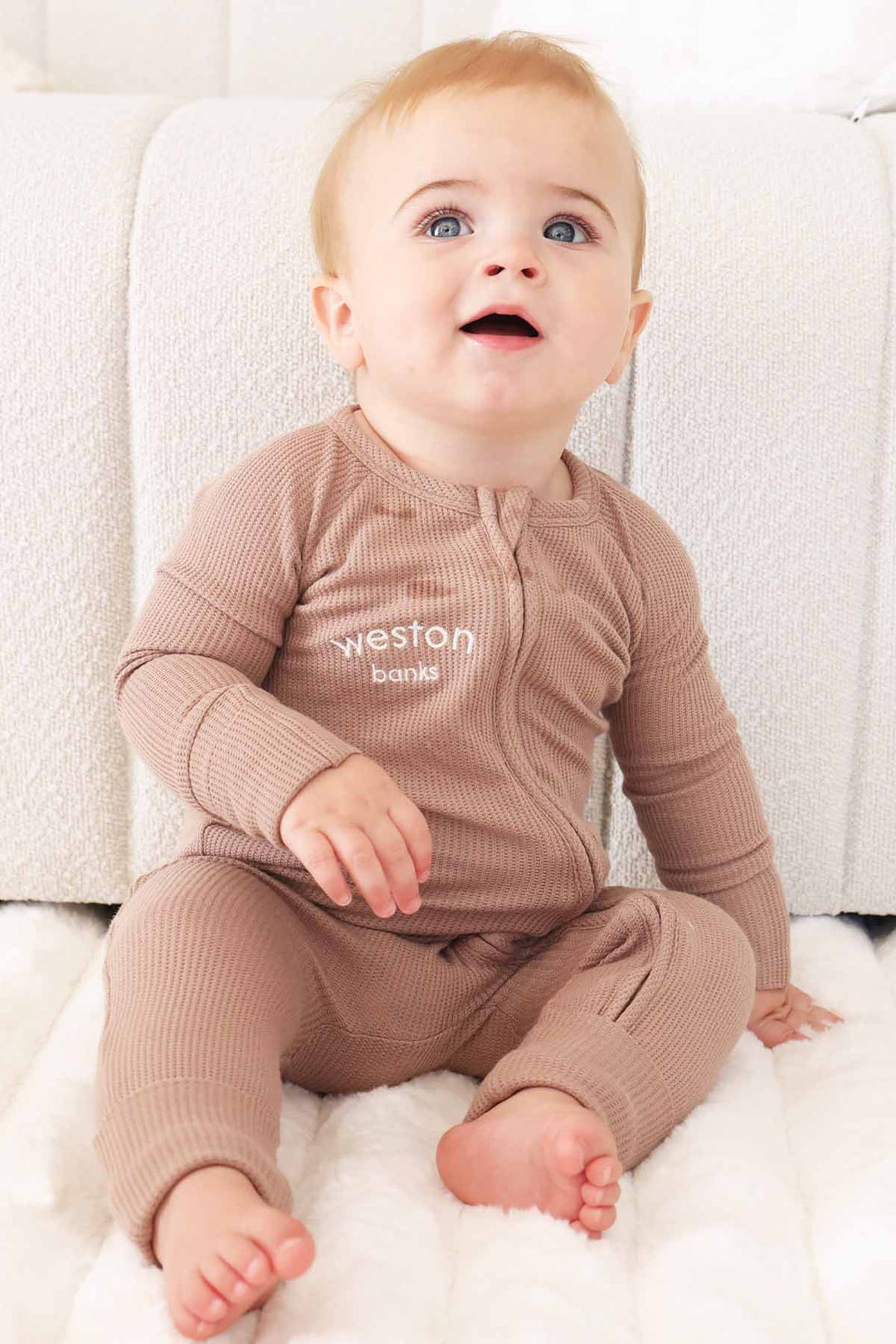 brown bamboo waffle convertible zip romper pajama for babies and toddlers gender neutral 