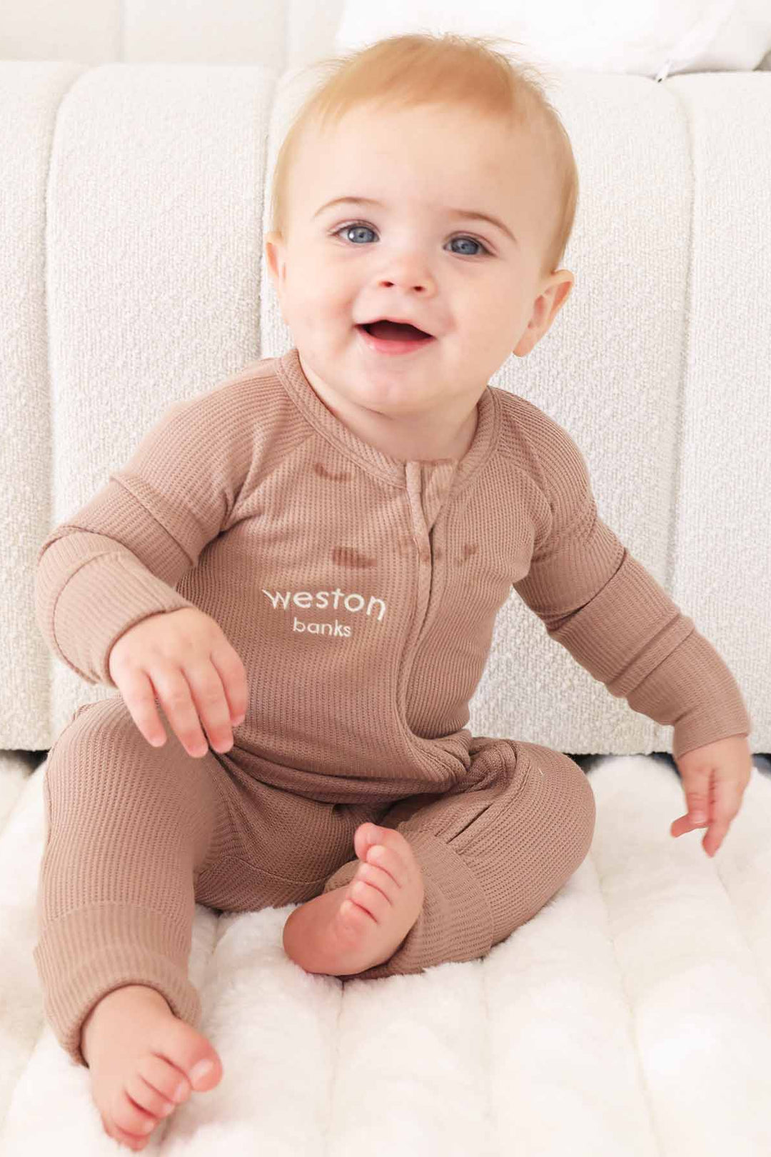 light brown bamboo waffle convertible zip romper pajama for babies and toddlers 