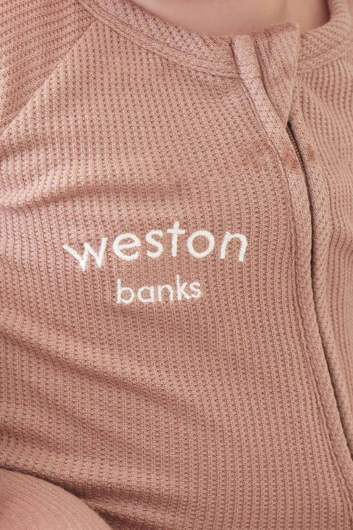 baby zipper romper embroidered with name neutral brown