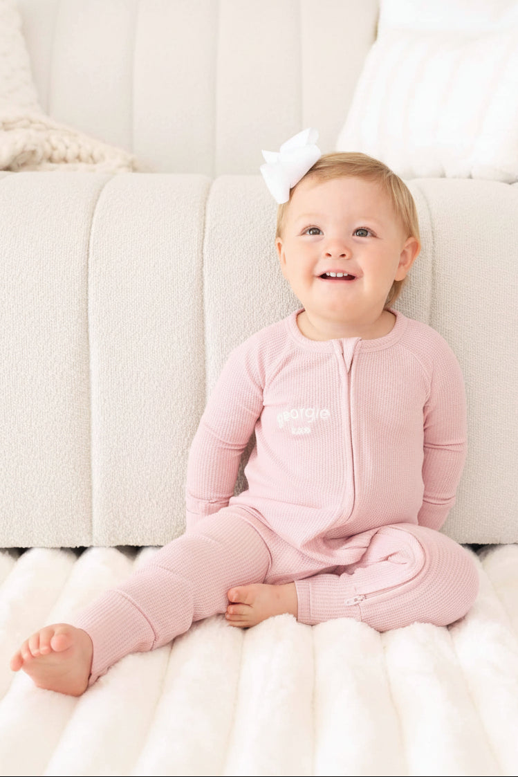 bamboo waffle convertible zip romper light pink with embroidered name 