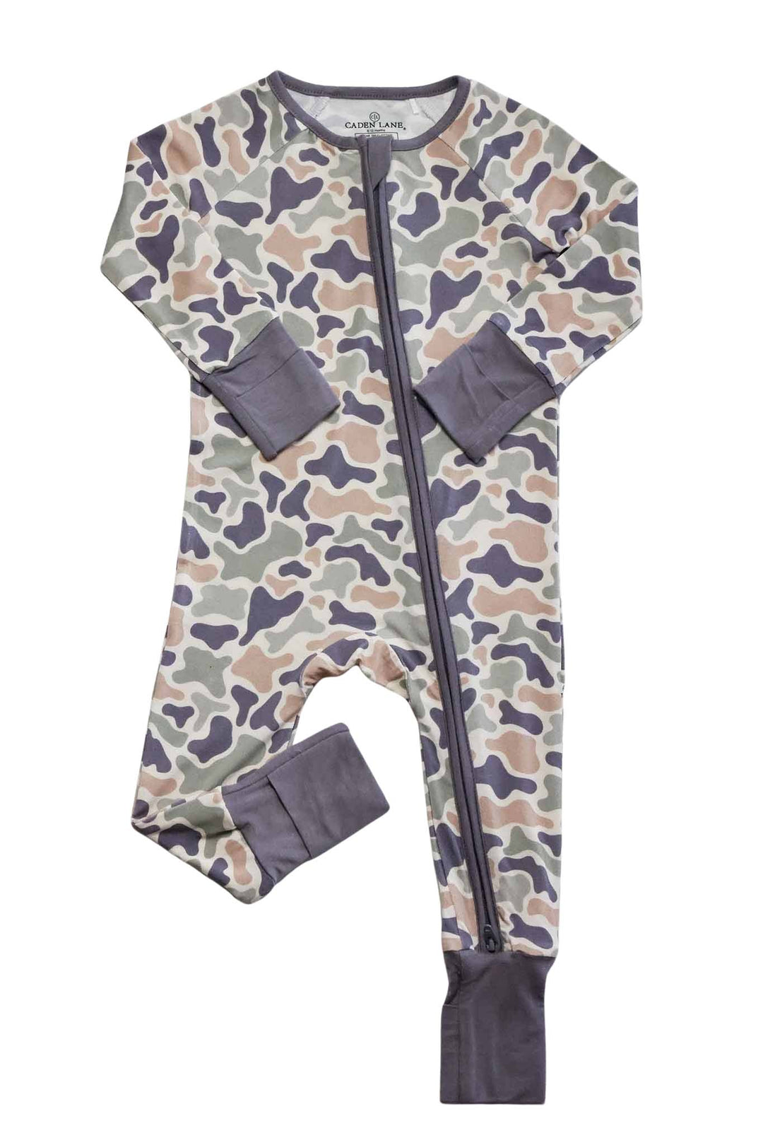 Toddler boy in camo cutie convertible zip romper on white background