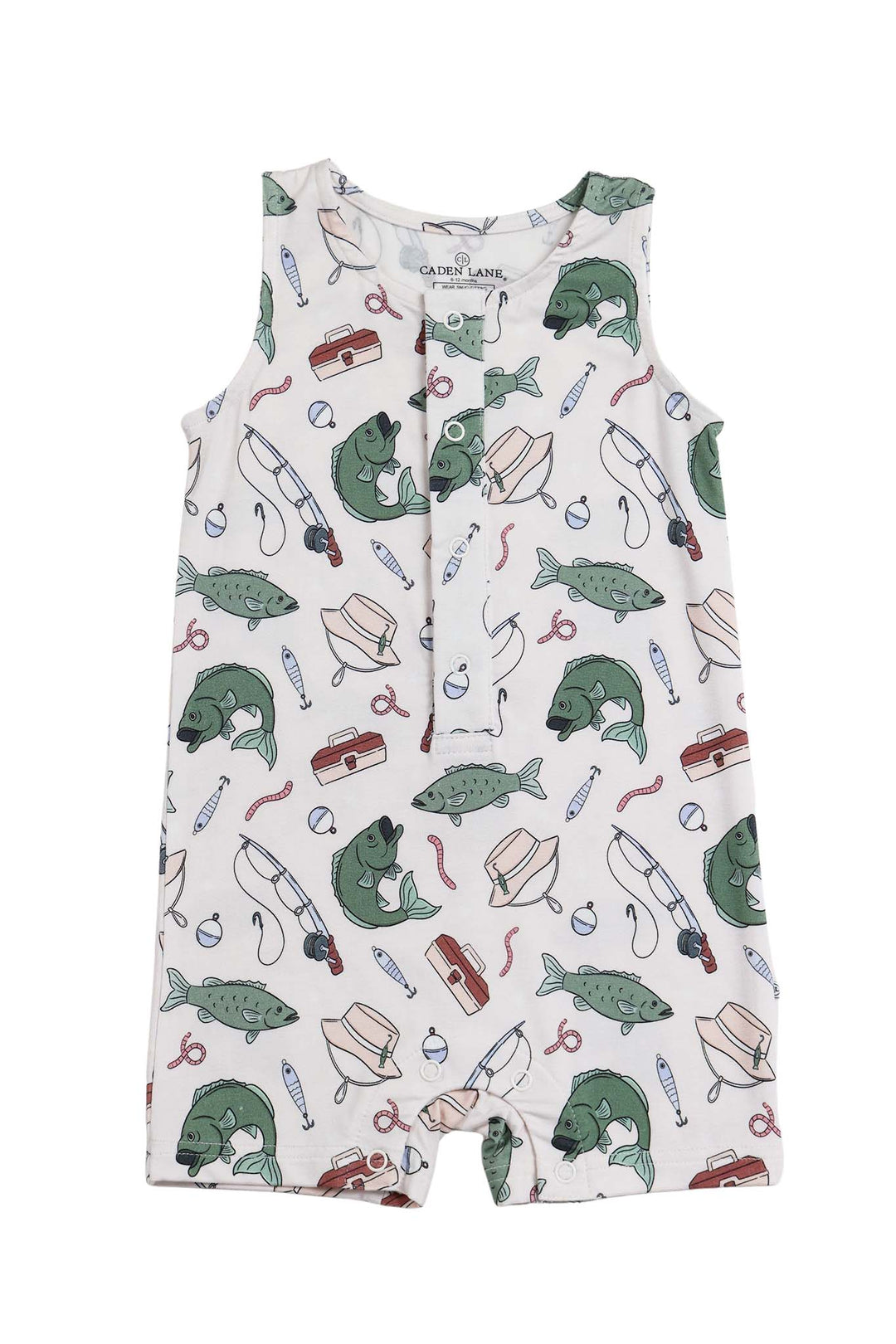 off the hook sleeveless snap romper for baby boys