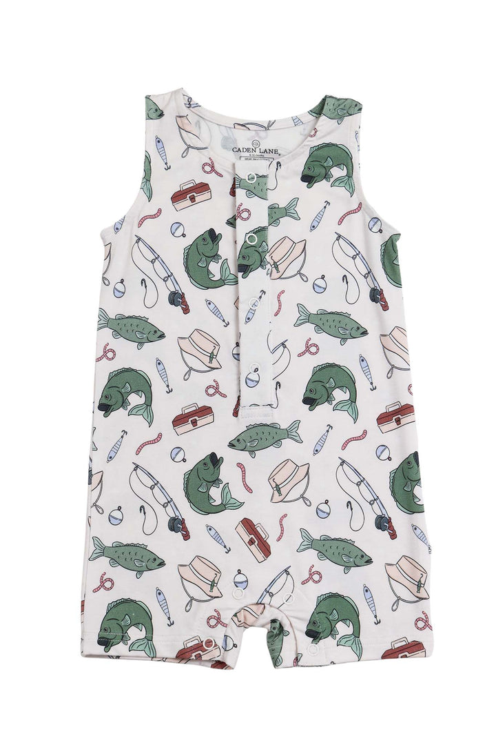 off the hook sleeveless snap romper for baby boys