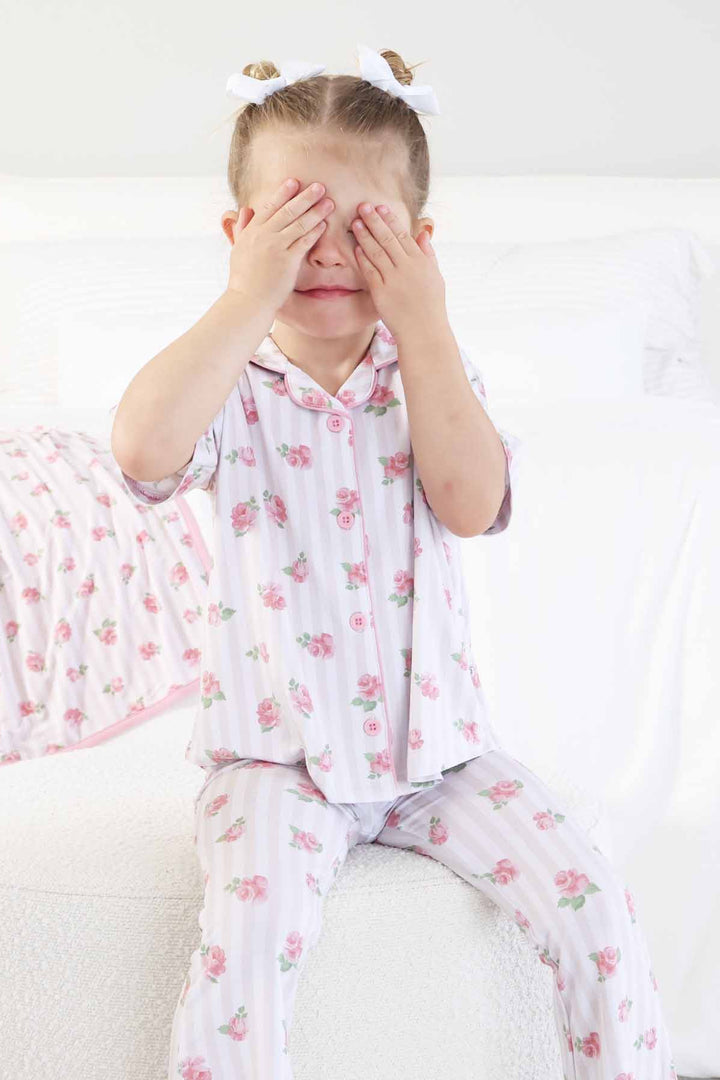 girls two piece pajama set with collar and flare pants rosy and cozy 