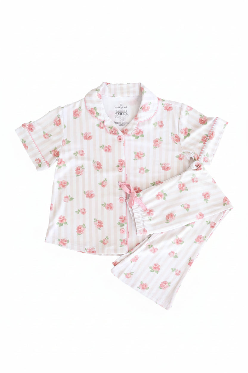 tan stripe with roses girl's pajama set