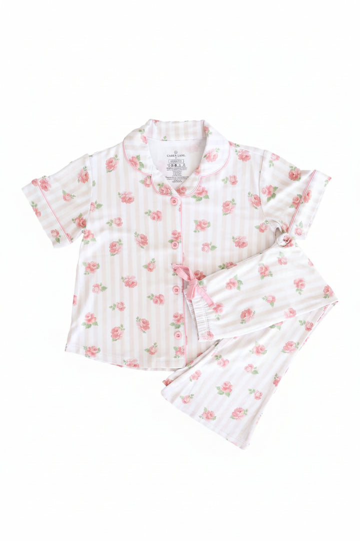 tan stripe with roses girl's pajama set