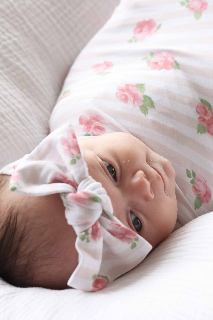 rosy & cozy stripe and floral headwrap for babies 