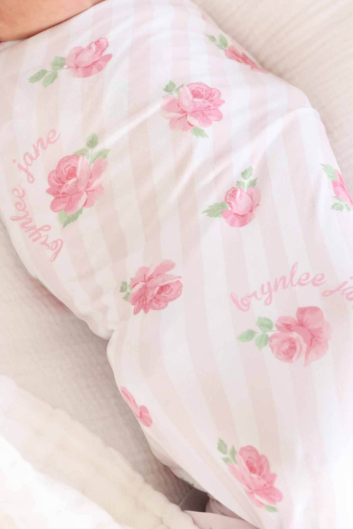 stripe and rose personalized swaddle blanket for girls 