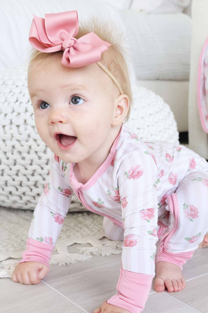neutral stripe and rose convertible zip romper pajama for babies and toddler girls 
